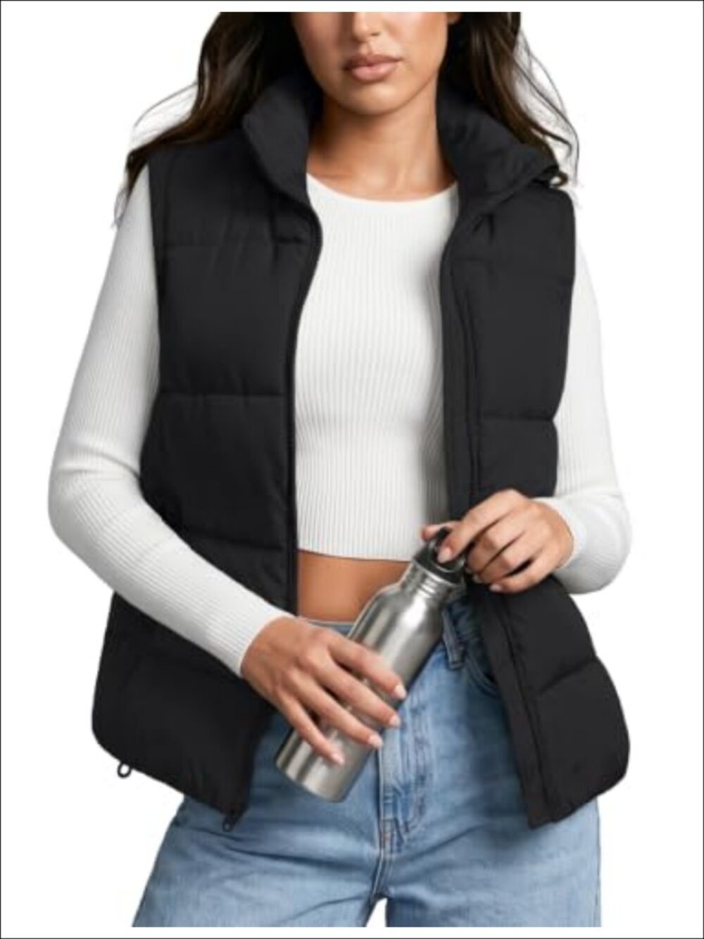 ASPO Quilted Puffer Vest Stand Collar Zip Up Sleeveless
